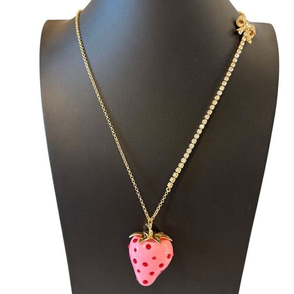Gorgeous Pink Strawberry Pendant Necklace w/ Red Crystals on Long Goldtone Chain - Picture 1 of 7